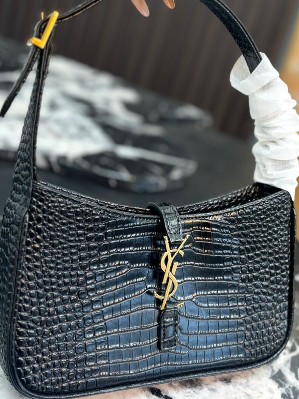 YSL Le 5 À 7 Hobo | Black Croc-Embossed, Gold Hardware